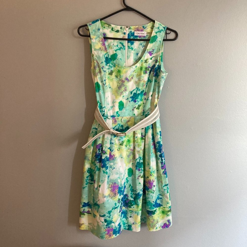Calvin Klein Womens Green Floral Dress Belted Size 4 Cotton